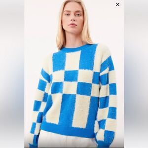 FRNCH Lio Cozy Fuzzy Sweater Blue White Abstract Colorblock Size Small